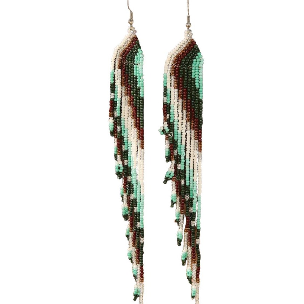Handmade Beaded Green Heart Shaped Tassel Drop Earrings